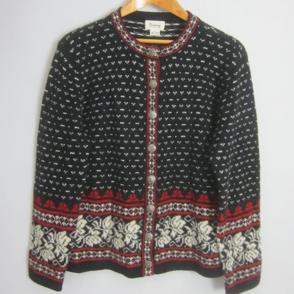 Vtg Cambridge Dry Goods Womens L Black Red Nordic 100% Wool Cardigan Sweater - Picture 4 of 9